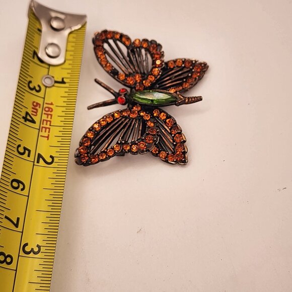 Vintage  Weiss Bronze Butterfly Brooch With Amber & Green Rhinestones - Picture 10 of 10